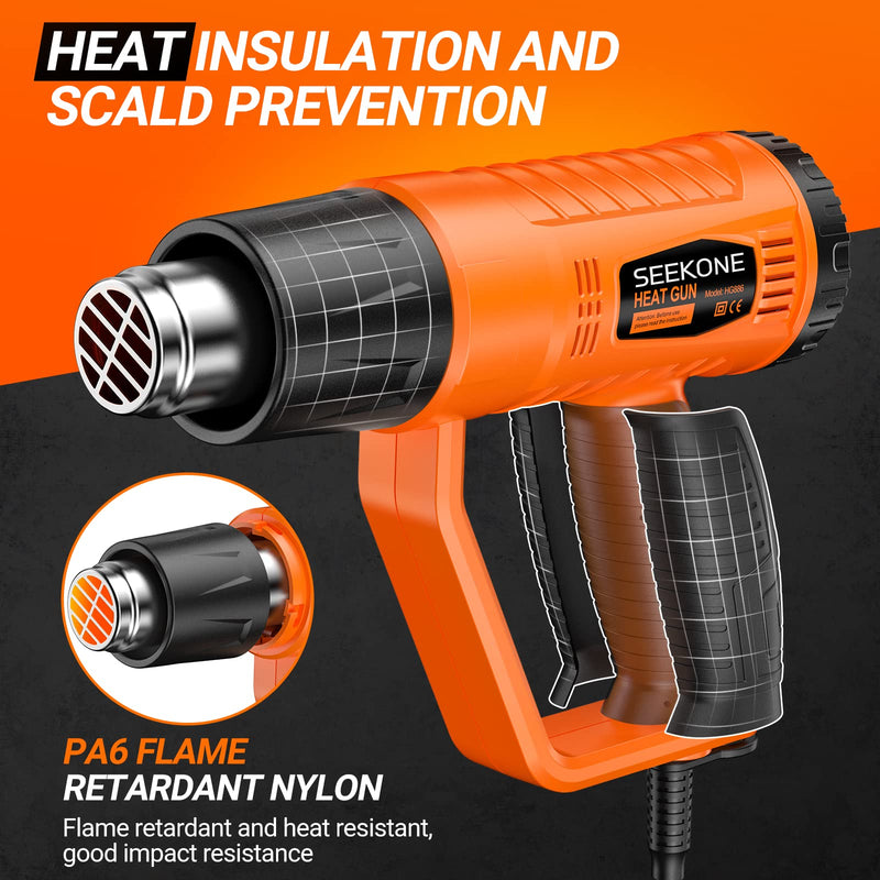 SEEKONE hot air gun, 2000W hot air dryer (400℃/600℃) high performance with 2 temperature settings, non-slip handle, flame retardant protective cover, 4 nozzles for removing paint, soldering pipes