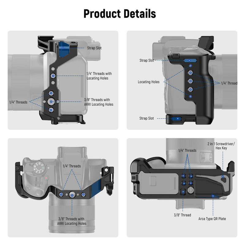 NEEWER R50 Camera Cage Compatible with Canon EOS R50, Aluminum Video Rig with NATO Rail, 1/4" Threads, 3/8" ARRI Holes, Cold Shoe, Anti Twist, Compatible with DJI Gimbals Arca Type QR System, CA031