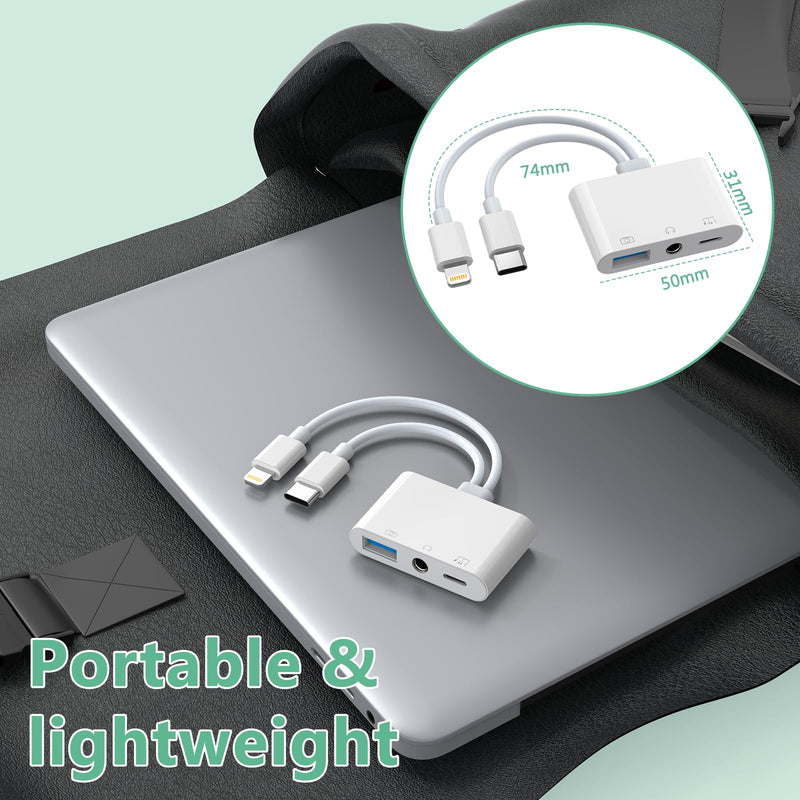 Lightning + USB C to Aux Audio Headphone Jack Adapter,Multi USB OTG Camera Adapter+3.5mm Earphone Jack+Type-C Earphone/Charge Port,Phone Splitter for iPhone 15/14/13,Samsung,iPad,Huawei,Flash Drive
