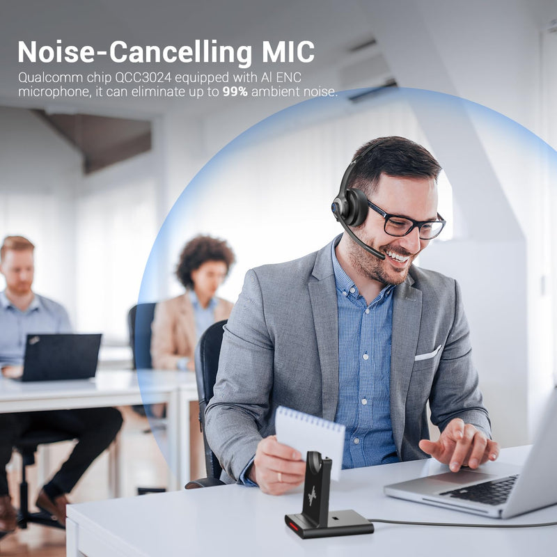 Bluetooth Headset - Wireless Headset with Noise Cancelling Microphone, V5.2 Computer Headphones with USB Dongle, Charging Base & Mic Mute for Work/Call Center/PC/Laptop/Online Class/Zoom Black