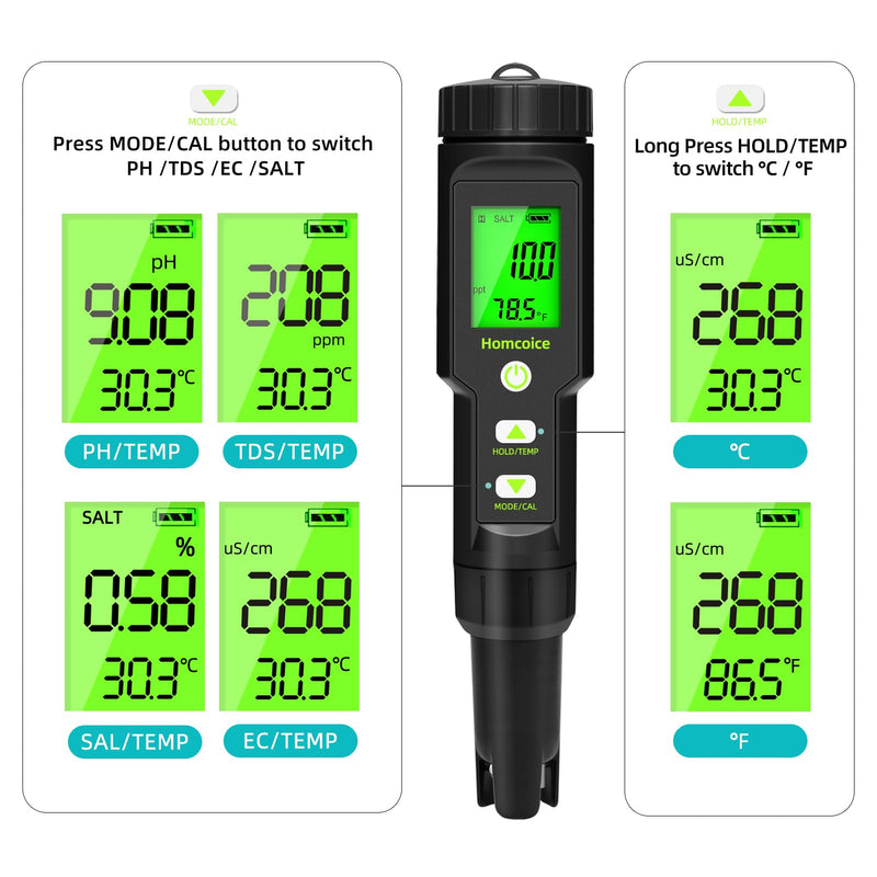 Homcoice PH Meter 5 in 1 Salinity TDS EC Temperature pH Tester Acqua IP67 Waterproof 0.01 high precision digital water quality tester with ATC function