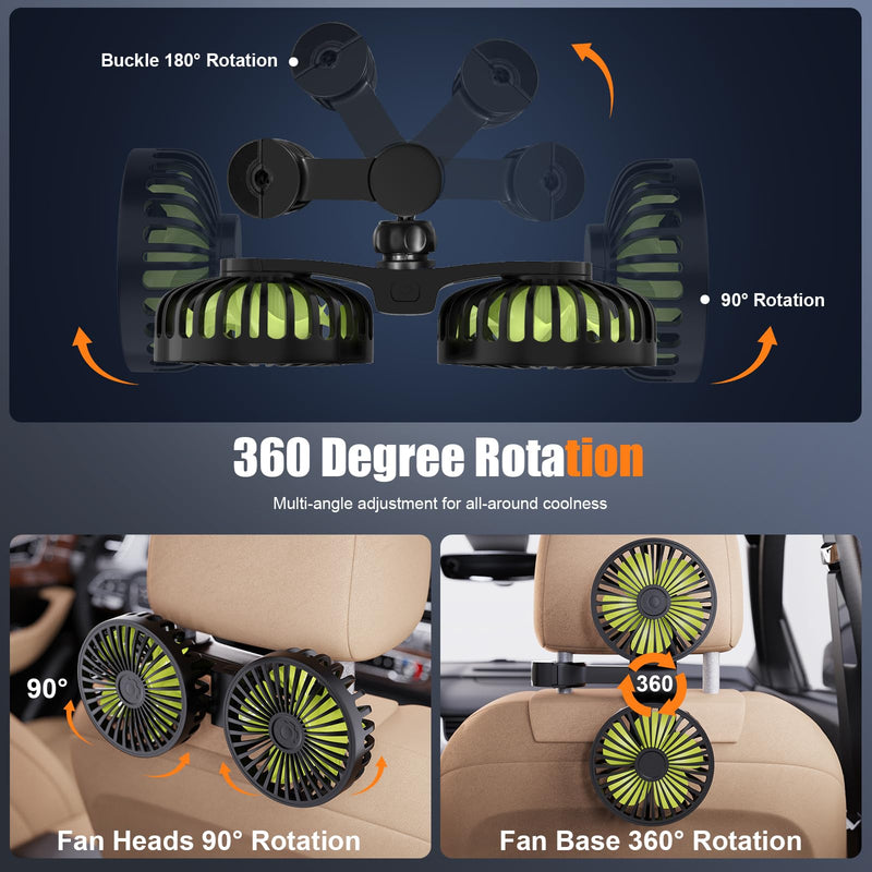 USB Car Cooling Fans for Backseat: Dual Head Car Fan for Kids 3 Speeds 360° Rotatable Vehicle Rear Headrest Fans 5V Powerful Electric Air Circulation Fan for Sedan SUV RV Truck