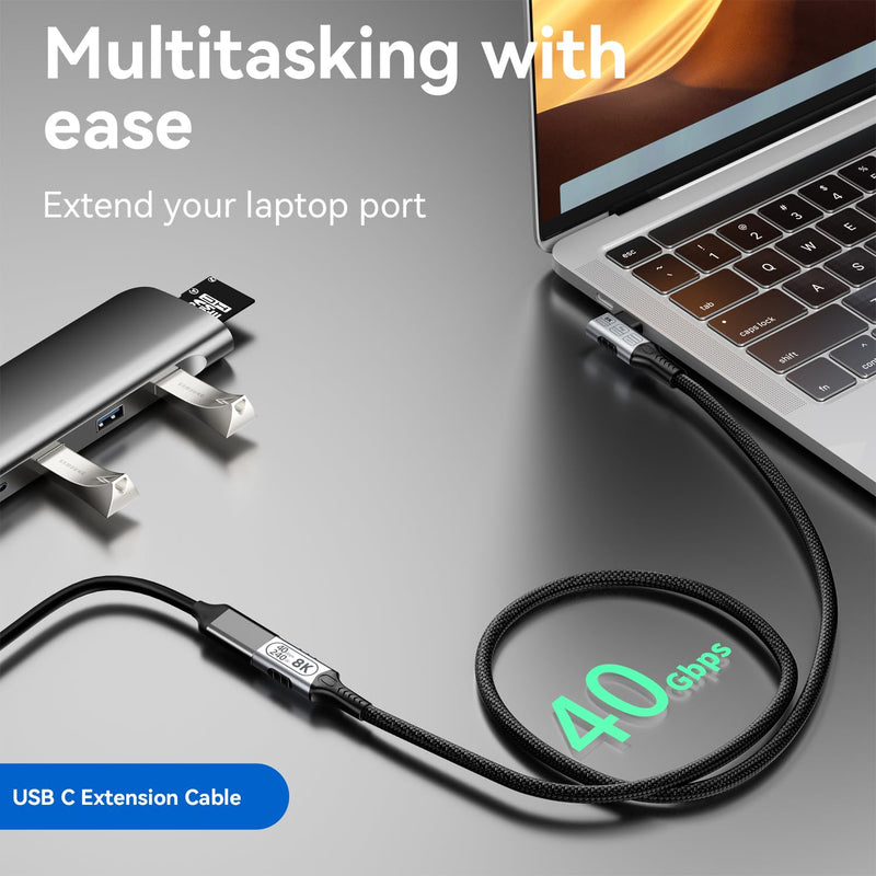 long right angle usb4 extension 6.6FT/2M for Thunderbolt 4 Extension Cable high Speed 40Gbps Data Transfer, 8k/4k@60hz video,240w Fast Charging,male to female usbc high speed 90 degree extension cable 6.6 ft
