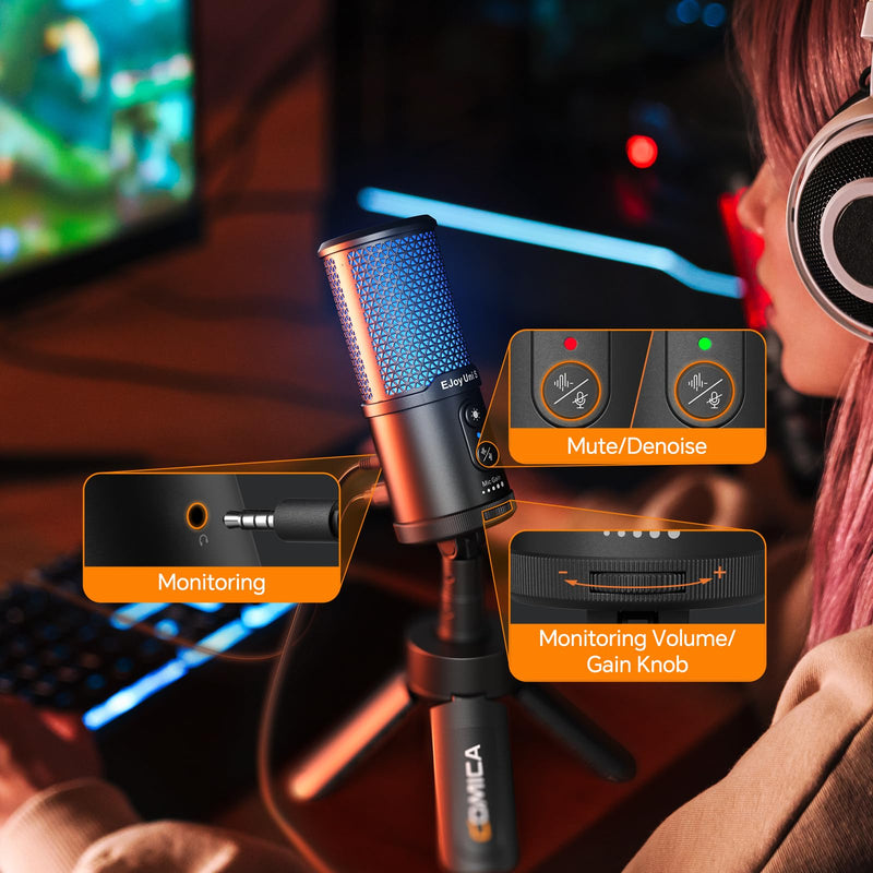 COMICA EJoy Uni S USB Condenser Microphone with Mute, Gain Control, RGB Lighting, Noise Reduction & Real-Time Monitoring, Gaming mic for PC, PS5, Smartphone for Streaming, Podcasts, Video Conferencing Black