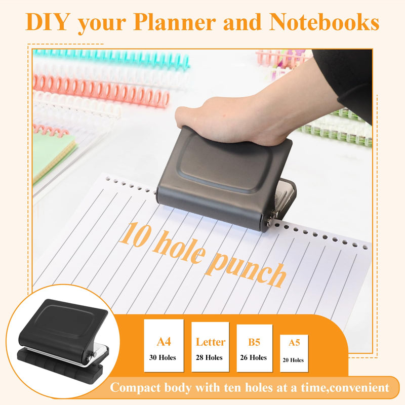 10 Hole Punch Binding Machine for Planners with 10 Multi-Color Binder Rings,30 Holes on A4,20 Holes on A5,26 Holes on B5,10 Sheet Capacity (Black) Black