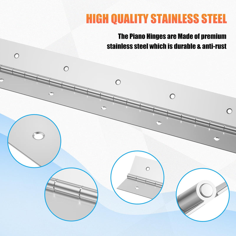 Heavy Duty Piano Hinge 20Inch x 2-1/2Inch, 2PCS 0.06" Thickness Stainless Steel Continuous & Piano Hinges for Wood Furniture Mailbox Tool Storage Boxes Cabinets Door Hinges-Silver Silver