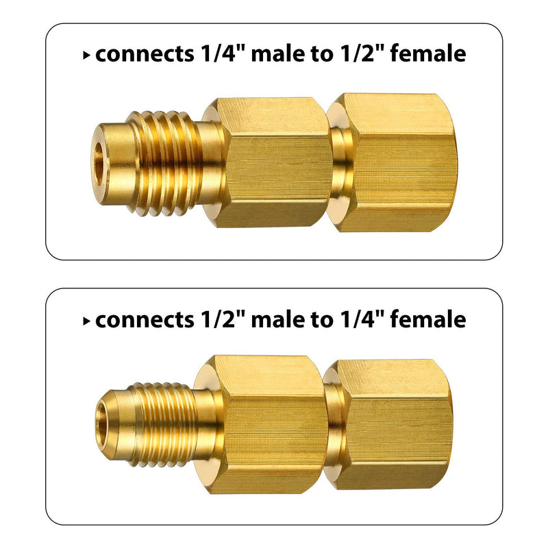 6 Pieces 6015 R134A Brass Refrigerant Tank Adapter to R12 Fitting Adapter 1/2 Female to 1/4 Male Flare Adaptor Valve Core and 6014 Vacuum Pump Adapter 1/4 Inch Flare Female to 1/2 Inch Male