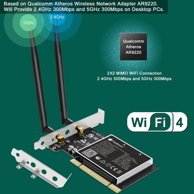 Wireless N Dual Band 600Mbps (2.4GHz 300Mbps or 5GHz 300Mbps) PCI WiFi Adapter for Windows 11, 10, 8.x, 7, XP (32/64bit) and Windows Server Desktop PCs, PCI Interface WiFi Card (PCI-N600)