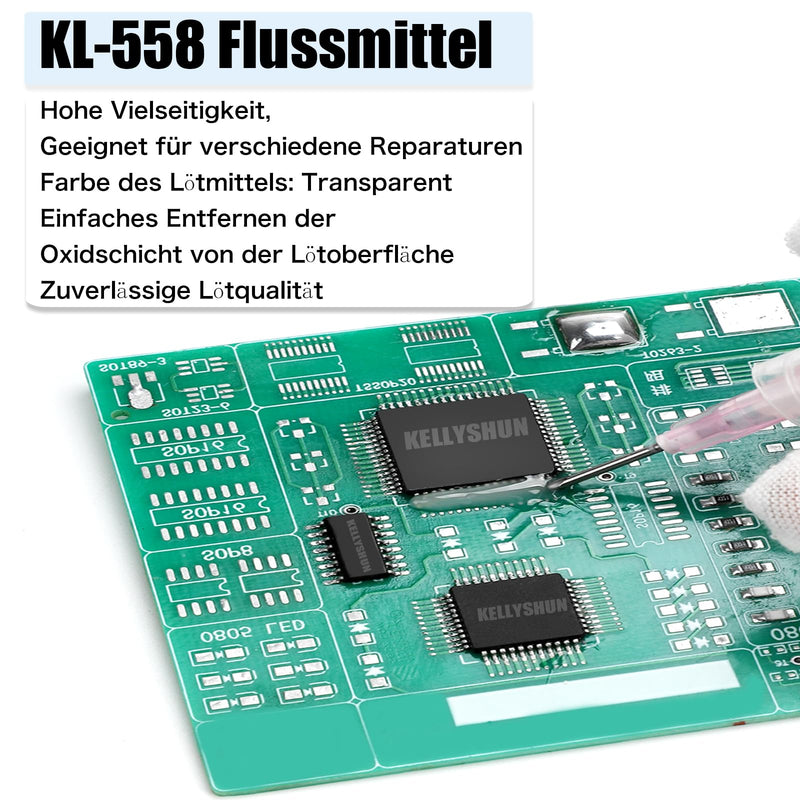 KL-558 Flux Soldering, 10 ml No-Clean Lead-Free Rosin Flux (1 Piece) 2.5 mm / 1.5 m Desoldering Braid (1 Piece), Suitable for Mobile Phone Soldering, BGA, Household Appliance Repairs KL-558