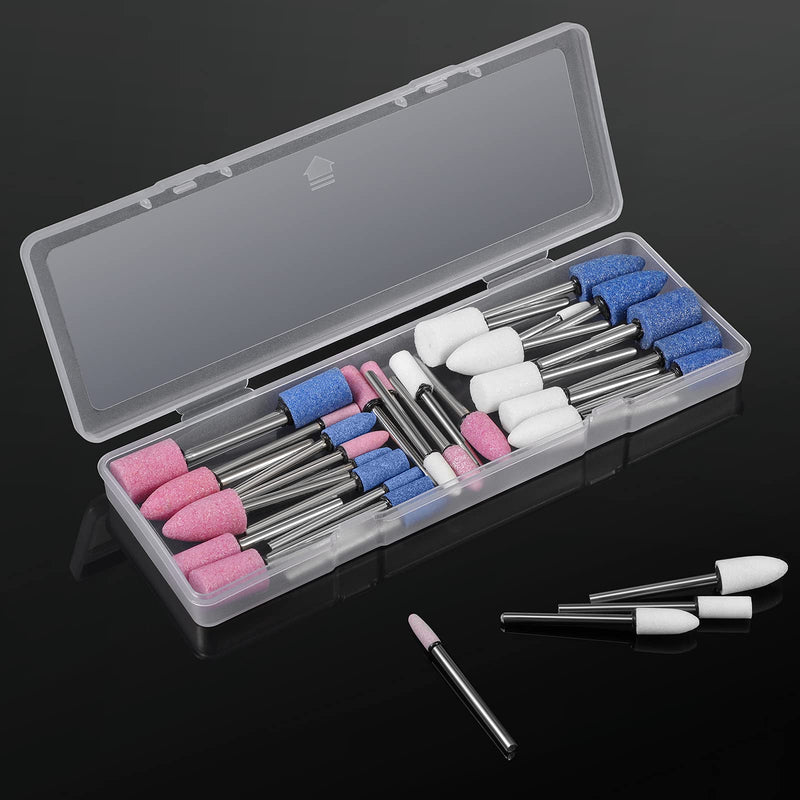 36 Pieces Shank Abrasive Grinding Points Mounted Stone Disc Head Mounting Points Grinding Points Set Sanding Discs Pieces with Plastic Box, 1/8 Inch Shank 3 Colors 2 Shapes 6 Sizes