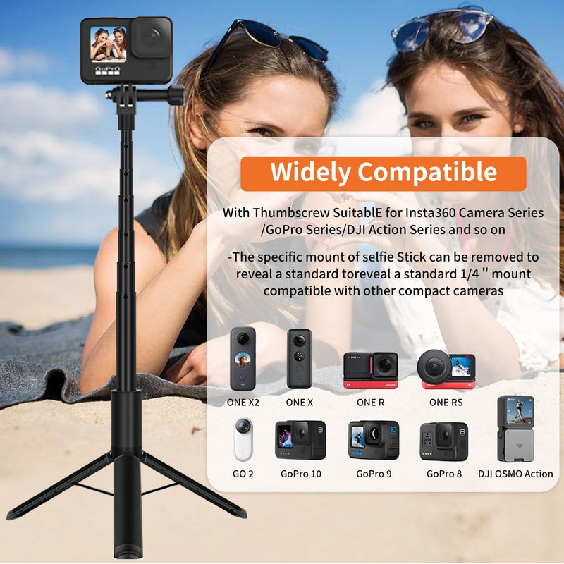 KONPCOIU 48" Invisible Extendable Camera Selfie Stick for Insta360, one x2 x2 x3 RS GO3 Gopro Max Hero 12 11 10 9 8 7 6 5 and Other Action Cameras with 1/4" Screw Mini Portable Camera Tripod 45inch
