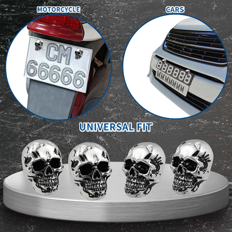 Skull License Plate Screw Fasteners Decorative Cool Funny License Plate Bolts License Plate Frame Kit 4 Pcs Aluminum Alloy Universal Fit Most Cars Truck Motorcycle Vehicle Silver