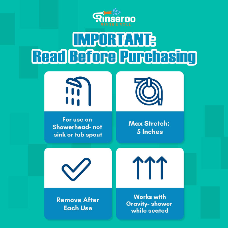 Rinseroo: Slip-On Handheld Shower Attachment Hose w/Spray Head-for Seated Bathing. Converts Fixed Shower Head into Handheld Bather. Portable, No-Install Shower Hose Wand for Seniors, RV. Gravity fed. 5 Feet