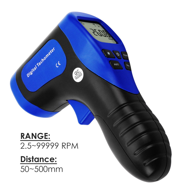 Handheld Digital Laser Non-Contact Tachometer, 2.5-99999 RPM, Record (60 Data) / MAX/MIN/AVG Function, ± 0.02% + 1 Digtal Accuracy, Tachometer Tach. Meter display Portable tachometer
