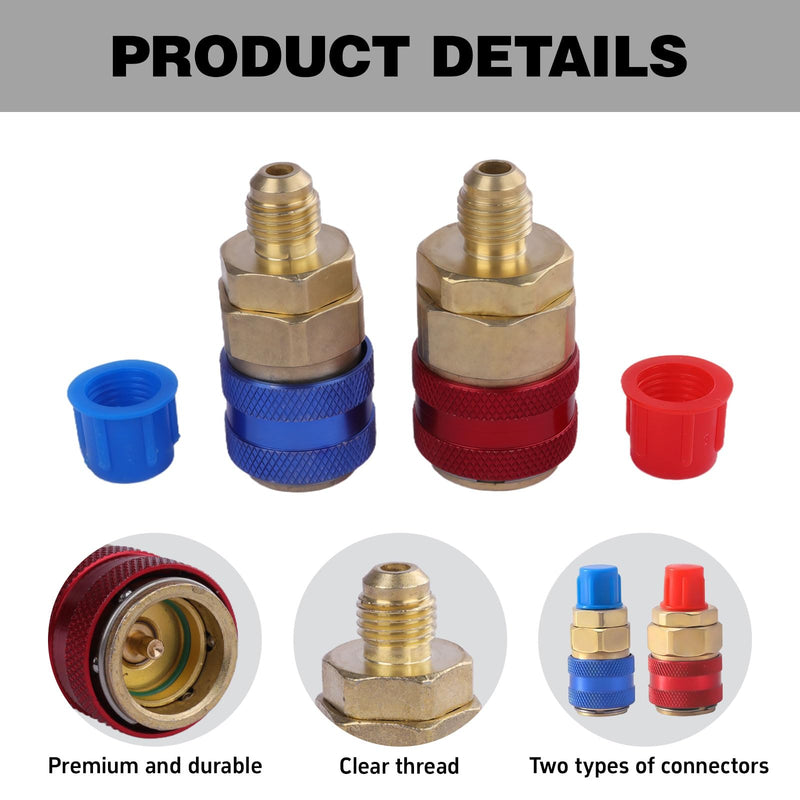 Adapter for R134A Refrigerant, 1/4 Inch AC High Pressure and Low Pressure SAE, Universal Quick Coupling Adapter Made of Robust Brass for Air Conditioning and Cooling Systems, Corrosion Resistant and