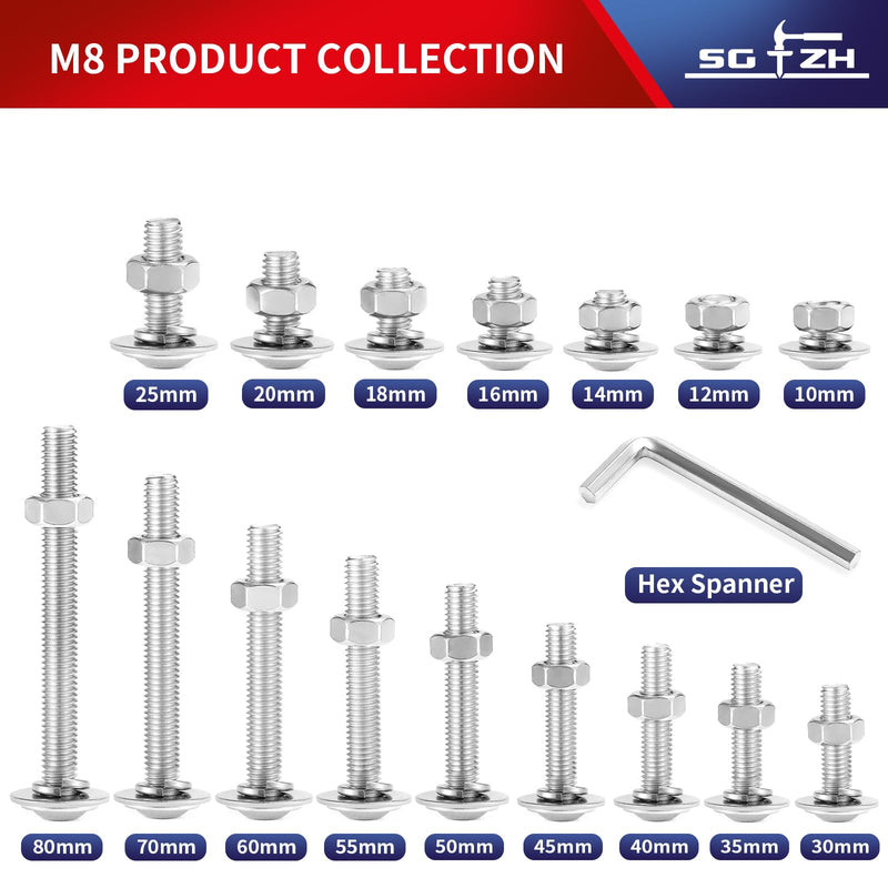 M8 x 60mm Flanged Button Head Socket Cap Screws Bolts, Nuts, Flat & Lock Washers, 20Pcs 18-8 (304) Stainless Steel, Bright Finish, Fully Threaded, by SG TZH (with Hex Spanner) M8 x 60mm Silver 20