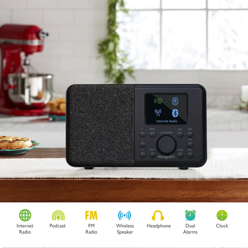 SR10 Internet Radio,WIFI Radio,Podcast Player, Bluetooth Speaker, Smart Radio, Portable FM Radio, Mains and Battery Powered Radio, Color Display,Dual Alarms, Presets,App Control Support-Black Black Mono