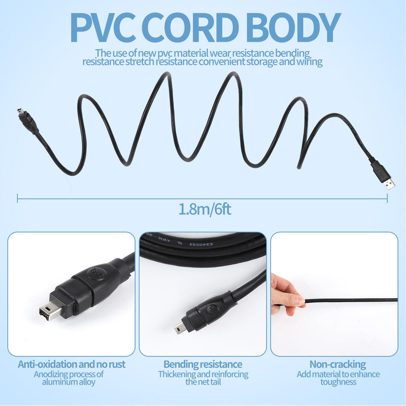 FireWire IEEE 1394 Cable for Data Transfer, USB to 4-Pin Connectors, 6ft USB to 4 Pin 1394
