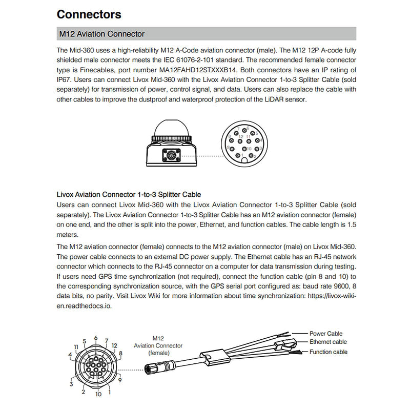 Cable for DJI Livox Mid-360 LiDAR Sensor Power Network Ethernet to Computer Debug, M12 Aviation Connector 12 Pin Female Right Angle to RJ45 Flying Leads, 50cm 50 cm 1-to-3 splitter cable with angled M12 12-pin