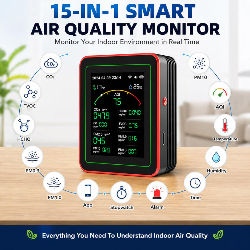 15-in-1 WiFi Indoor Air Quality Monitor with App, CO₂, TVOC, HCHO, PM2.5 and PM10 Monitor, Temperature and Humidity Display, Colour Display, Air Quality Alarm for Home and Office WiFi 15in1