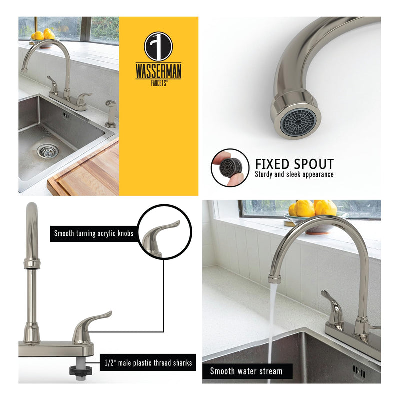 Wasserman 23073124 - Mobile Home RV Kitchen Sink Faucet High Spout Dual Lever Handle with Side Spray, High Arc, Deck Mount, Brushed Nickel, 8 inch on Center, for Campers, Motorhomes, Travel