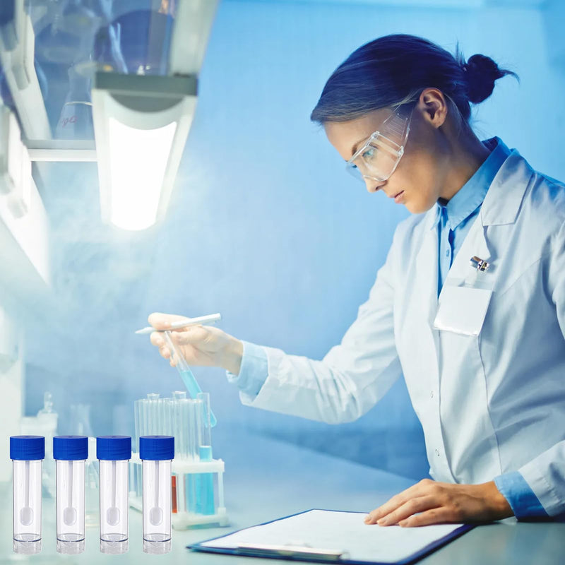 10 Chair Sample Containers with Spoon and Screw Lid 25ml to 30ml | Leak proof plastic containers, blue lids, for stool samples in doctor's office and laboratory, also for dog and cat