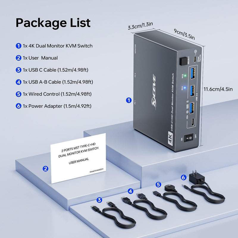 KVM Switch 2 Monitors for 1 Laptop and 1 Desktop 4K@60Hz, USB C HDMI Dual Monitor KVM Switch,Docking Station KVM Switches with 4 USB 3.0 Port, 80W PD Charging, Wired Remote and USB-C Cable Included USB C KVM 2 Monitors
