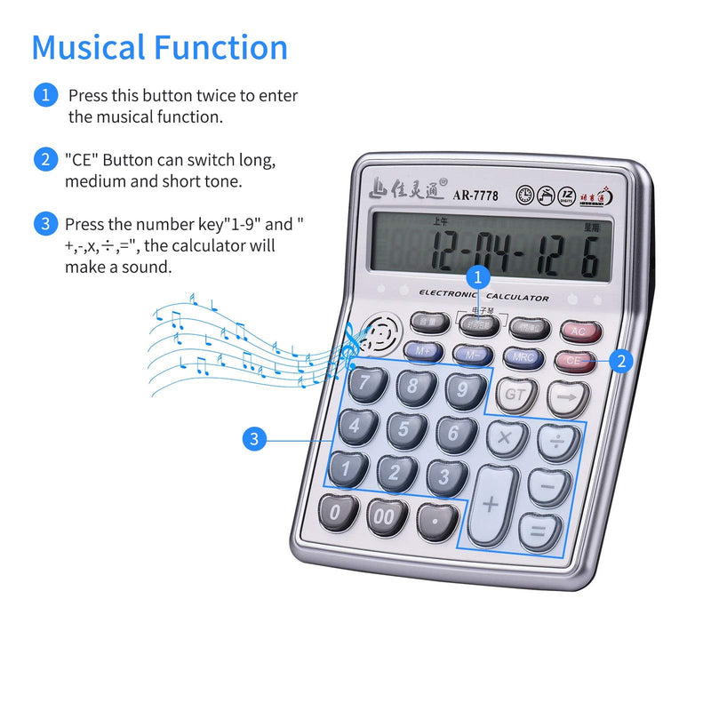 Calculators Large Display,Musical Desktop Calculator 12-Digits LCD Display Electronic Calculator Counter Big Buttons with Music Piano Play Time Date Show Alarm Clock Function for Office