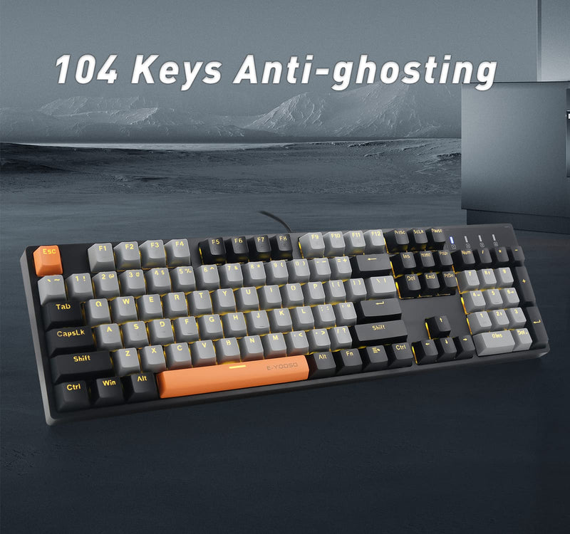 E-YOOSO Z-14 Mechanical Gaming Keyboard 104 Key, Red Switch Full-Size Computer Keyboards, Solid Yellow Backlit Mechanical Keyboard for PC Gamer, Black Grey red switch