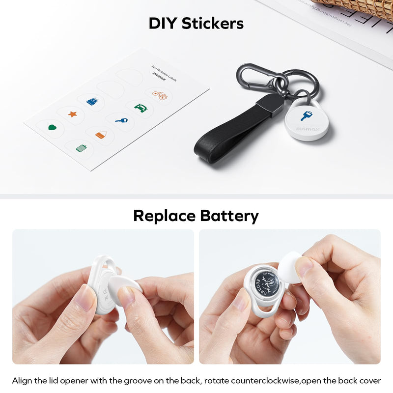 Momax Tracker Electronics Key Finder Luggage Tracker Smart Tag for Key, Backpack, Wallet, Pets Works with Apple Find My (iOS Only) and Global Search Range Include DIY Personalized Stickers White