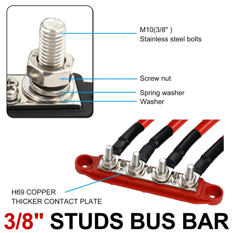 Power Distribution Block 12V Bus bar 3/8" 275A M10 Heavy Duty Bus Bar Terminal Block 4 Post Junction Block Max 48V Battery Distribution Block for Marine, Carand Solar Wiring (Pair, Positive&Negative) 3/8"