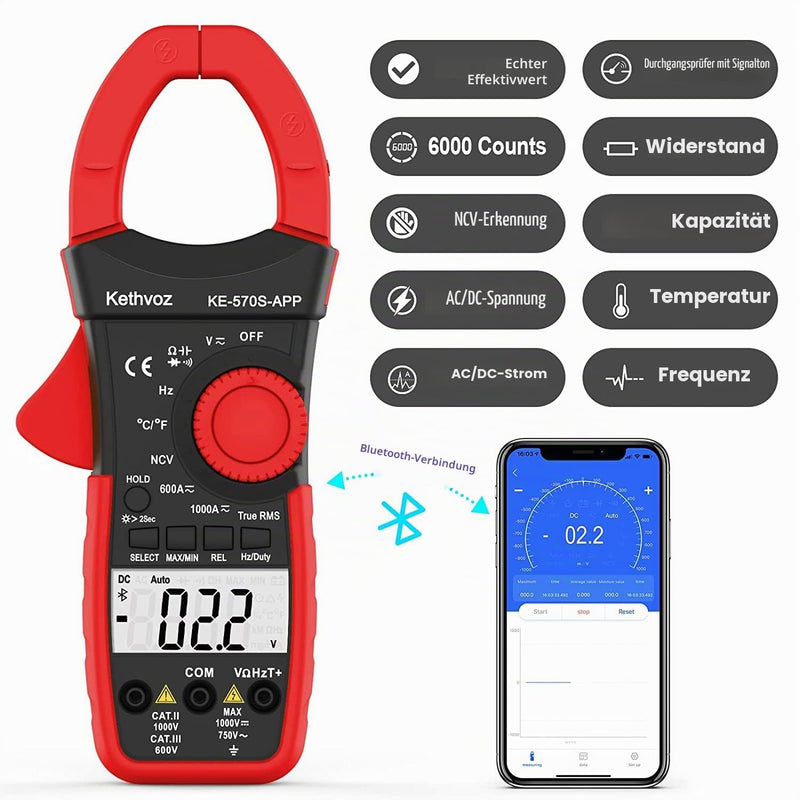 Bluetooth Clamp Meter Clamp Meter, Kethvoz Anto Range True-RMS Current Clamp NCV Voltmeter 570S-APP Measure AC/DC Voltage Current, Continuity Resistance Capacity Temperature 1000A Bluetooth Clamp Meter 570SAPP