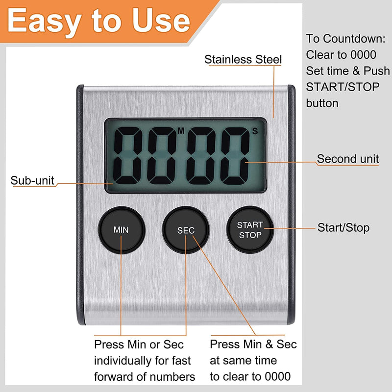 4 Pack Digital Kitchen Timer Magnet, Stainless Steel Cooking Timers with Alarm. Magnetic Countdown Timer for Kitchen Cooking, Baking,Sports Games