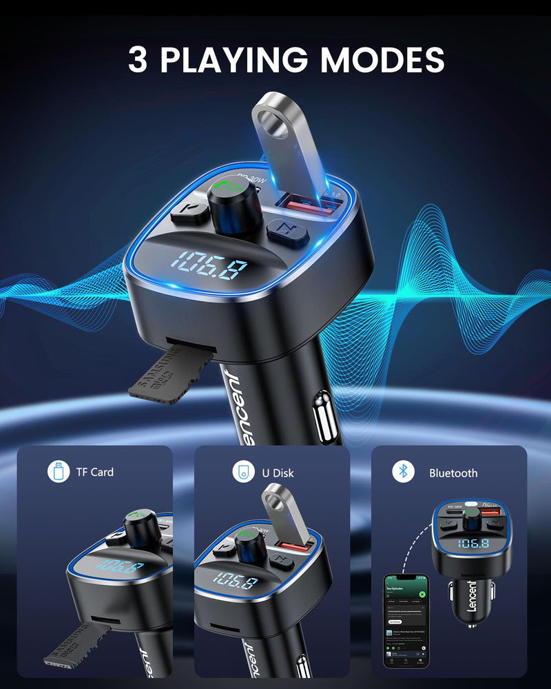 LENCENT Bluetooth 5.4 FM Transmitter Car Adapter 48W [PD 30W & 18W] [7 Color Light] [Fast Charging] Wireless Radio Music Adapter Hands-Free Calling, Support USB Drive & TF Card Colorful-48W