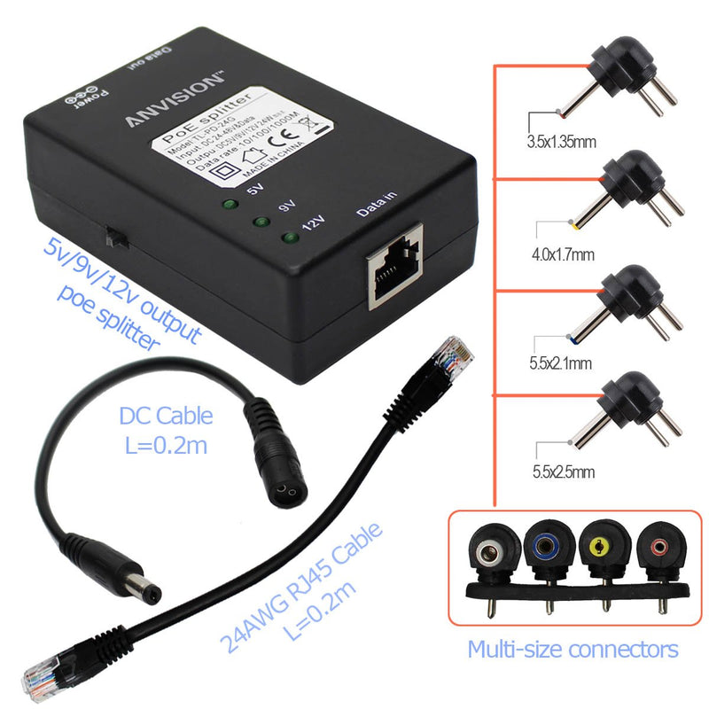 ANVISION Active Gigabit PoE Splitter Adapter with Multi-Size Tips, IEEE 802.3af Compliant, DC 5V 9V 12V Power Output, for IP Camera AP Voip Phone and More