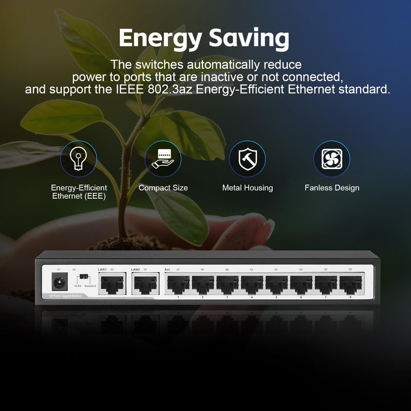 10 Port Gigabit Switch, 8 x 100/1000Mbps Ports, 2 Gigabit Uplink, Support Vlan, Metal Fanless Unmanaged Plug and Play YuLinca Ethernet Switch 10x1G