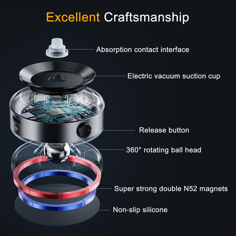 Upgraded 360° Adjustable Electric Vacuum Magnetic Suction Cup Phone Mount, Hands-Free Magnetic Cell Phone Holder for Car/Gym/Mirror/Smooth Surface, Compatible with Magsafe iPhone, Silver
