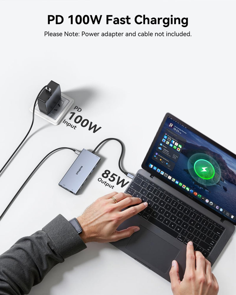 ZMUIPNG USB C Docking Station Dual Monitor 15 in 1 Laptop Docking Station Triple Display USB C Hub Multiple Adapter Dongle with 4K HDMI+VGA+USB Port+Button+PD+Ethernet for Dell HP Thinkpad Surface Grey 15 IN 1 Docking Station