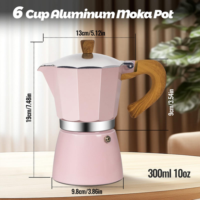 6 Cup Aluminum Moka Pot Classic Stovetop Espresso Coffee Maker 300ml 10oz Coffeemaker Percolator Mocha Pot Greca Coffee Maker Cafe Makers for Italian and Cuban Café Brewing Pink 6 Cup