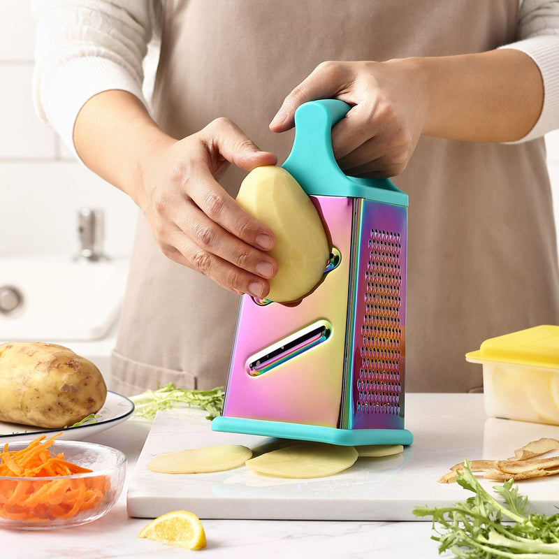 Marco Almond® KYA57 Professional Rainbow Color Box Grater,Stainless Steel Grater with 4 Sides,Slicer 5 Piece Set, Potato,Cheese,Cucumber,Salad Vegetables Graters Peelers, Turquoise Stainless Steel 5-Piece
