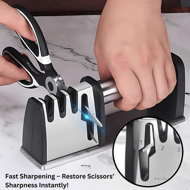 Knife Sharpener, 4 in 1 Knife and Scissors Sharpener, Stainless Steel Sharpening Tool for Kitchen Knives with Non Slip Rubber Base, Ergonomic Handle, Compact Design, Durable Build, Black
