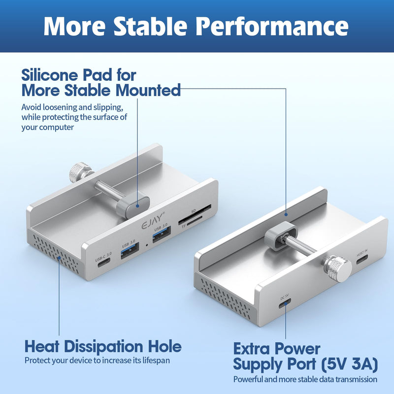 EJAY 5-Port USB 3.0 Hub with Card Reader & Clamp Aluminum Desktop Docking Station with 5Gbps Speed for PC Mac Laptop, 59inches Data and 39inches Power Cable Silver