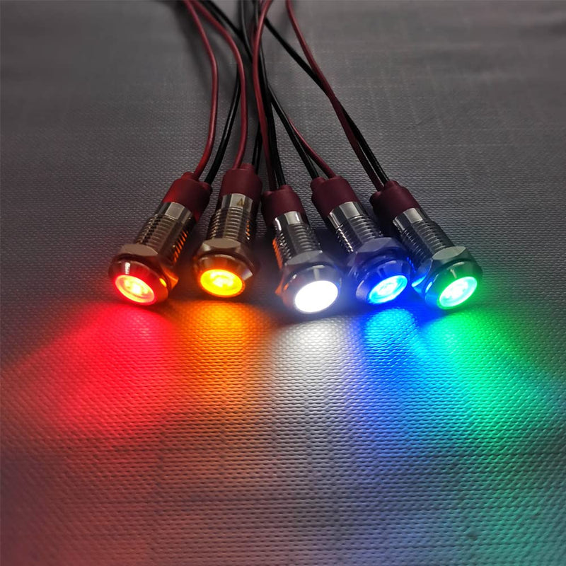 Gebildet Pack of 5 8mm 3V-4.5V-5V-6V-7.5V-9V LED Metal Indicator Light Waterproof Signal Lamp Pilot Dash with Wire (Red/Orange/Blue/Green/White) Red/Orange/Blue/Green/White (8mm)