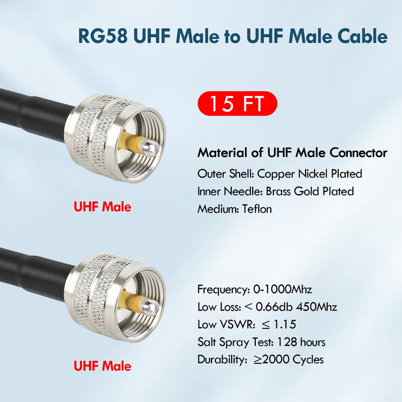 CB Coax Cable - 15FT RG58 PL-259 UHF Male to Male Cable low loss CB Antenna Cable CB Radio Coaxial Cable for CB Radio, Ham Radio, Amateur Radio, Antenna Analyzer, SWR Meter (Red) 1