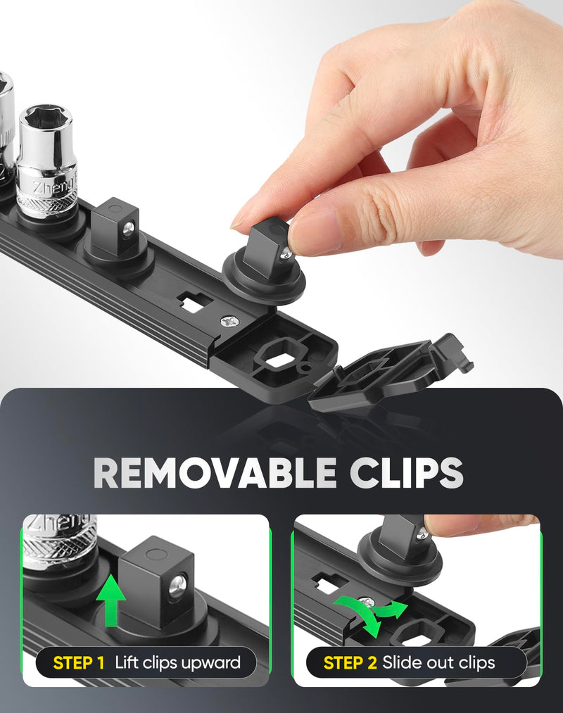 ALOANES Magnetic Socket Organizer Set, 3-Piece Heavy Duty Aluminum Socket Rails, 360° Swivel Clips Socket Rail Kit for Tool Tray Drawer Fit 3/8-Inch x 42 Clips (Black, 3PC) Black 3PC, 3/8-Inch Drive