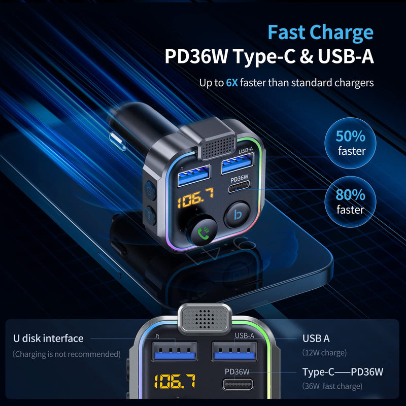 UNBREAKcable Bluetooth FM Transmitter for Car, PD 38W Fast Charging, Wireless Bluetooth FM Radio Adapter, Car Kit with Hands-Free Calls, HiFi Bass Boost MP3 Music Player Support USB Drive Grey