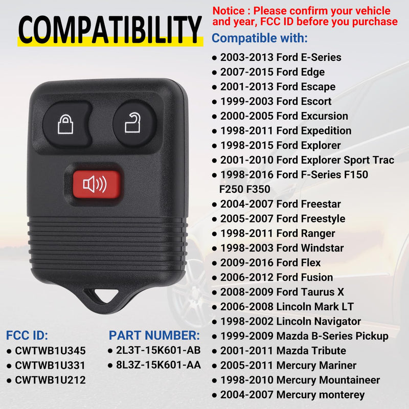 Keyless Entry Remote Key Fob Compatible with Ford F150 F250 F350 Escape Expedition Explorer Ranger, Lincoln, Mercury, Mazda and More, Replacement for CWTWB1U331 CWTWB1U345, 3 Button (Pack of 2)