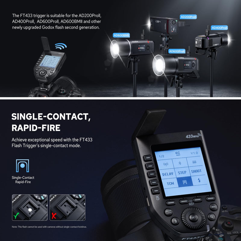 GODOX FT433S TTL Wireless Flash Trigger for Sony, Bluetooth Control Transmitter, Support Auto/Manual/Multi Flash, Compatible for Sony and Godox AD200Pro II AD600Pro II AD400Pro II and AD600BM II FT433 Flash Trigger for Sony