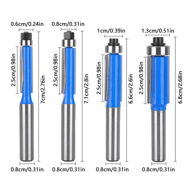 4 pieces flush cutter 8 mm shank, flush cutter cutter set, double-sided cutter with bearings, blue flush cutter, for woodworking tools for cutting, trimming (4) 4