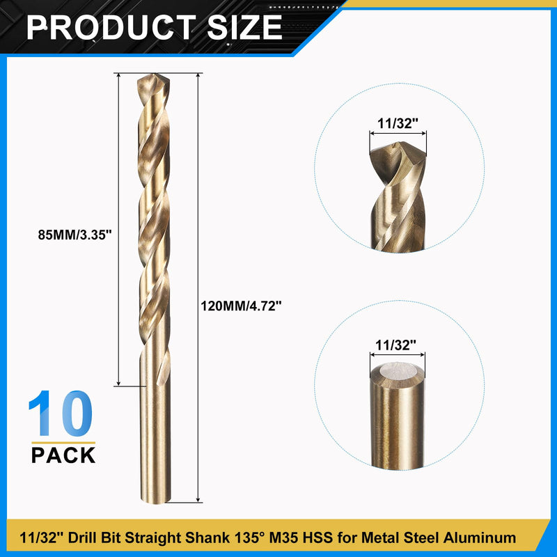 PATIKIL 11/32" Drill Bit, M35 Cobalt 5% High-Speed Steel Jobber Straight Shank 135° Gold Finish for Stainless Steel Hard Metal - 10 Pack 11/32"